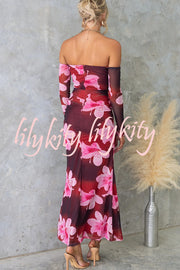 Floral Fantasy Mesh Off Shoulder Long Sleeve Stretch Maxi Dress