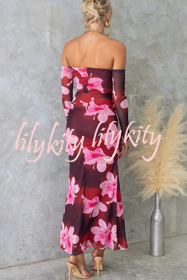 Floral Fantasy Mesh Off Shoulder Long Sleeve Stretch Maxi Dress