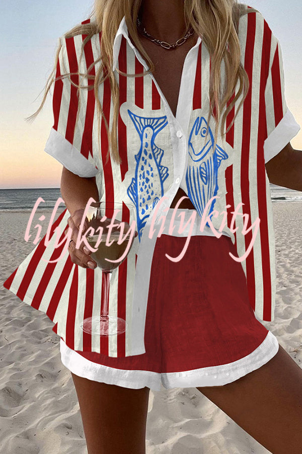 Striped Fish Print Loose Button Elastic Waist Shorts Set