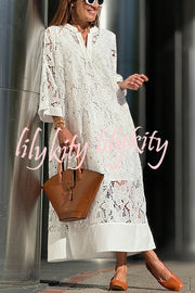 Confidence and Adventure Flower Lace V-neck Bell Sleeve Loose Midi Dress