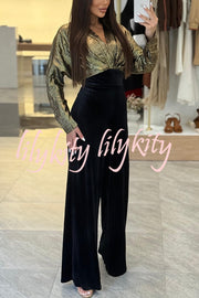 Caitlin Metallic Velvet Patchwork Long Batwing Sleeve Pocket Wide Leg Jumpsuit