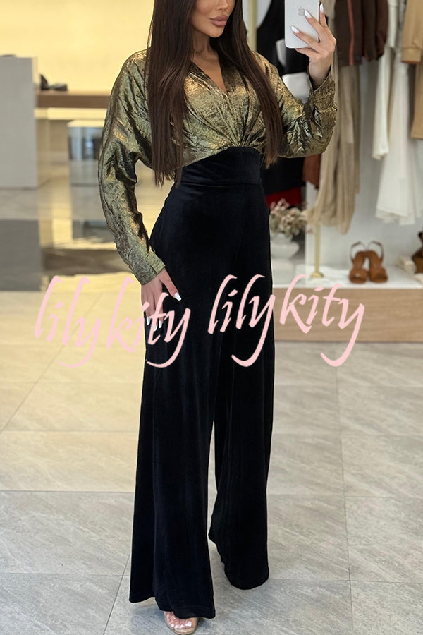 Caitlin Metallic Velvet Patchwork Long Batwing Sleeve Pocket Wide Leg Jumpsuit