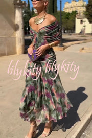 Unique Printed V-Neck Waisted Mesh Holiday Maxi Dress
