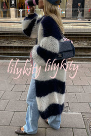 Fashionable Contrast Stripes Lazy Style Loose Long Knitted Cardigan