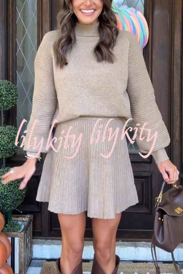 Solid Color Round Neck Puff Sleeve Loose Knit Sweater and Casual Striped Mini Skirt Set