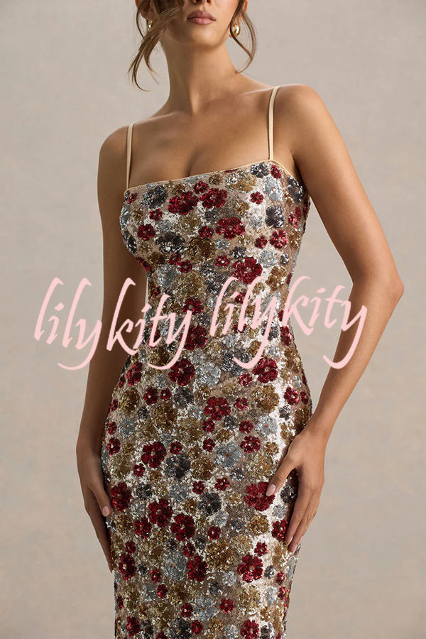 The Center of Attention Floral Print Sequin Square Neck Slip Stretch Maxi Dress