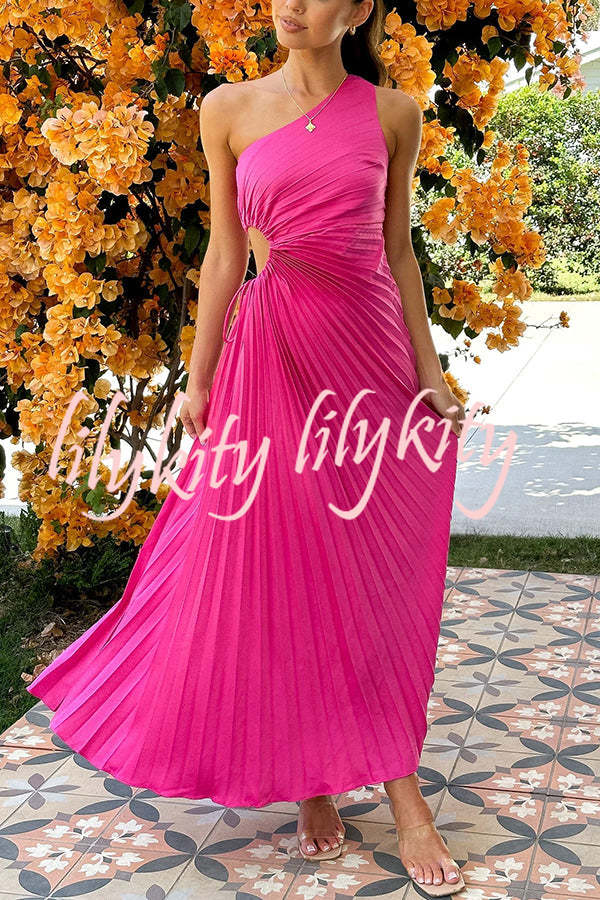 Charming One Shoulder Lace Up Cutout Pleated Maxi Dress