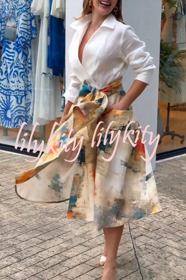 Jiles Linen Blend Unique Contrast Print Long Sleeve Tie-up Pocket Shirt Midi Dress