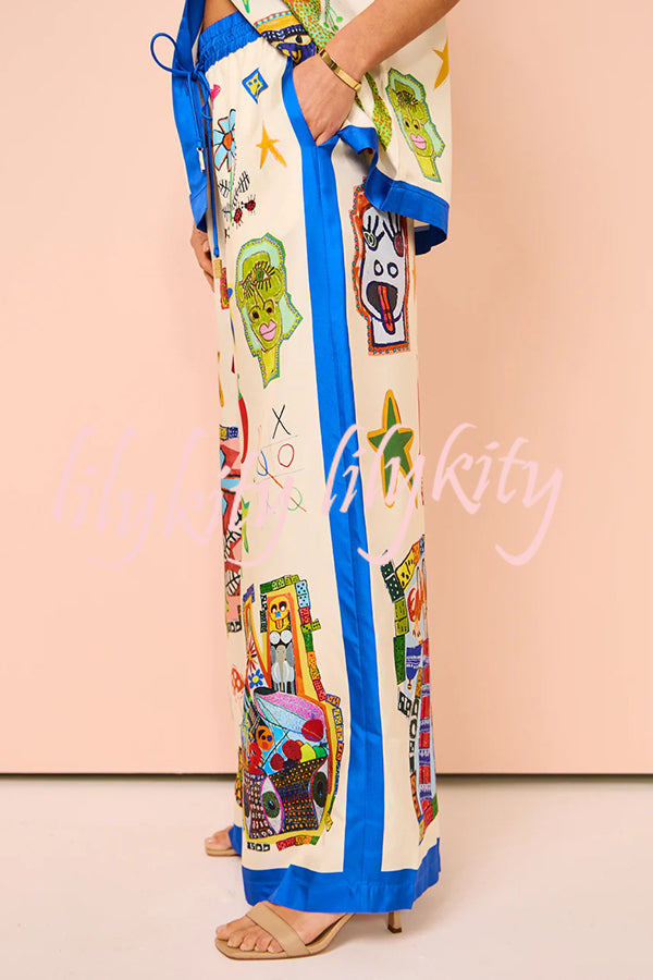 Vibrant Beach Satin Unique Print Colorblock Trim Elastic Waist Pocketed Wide Leg Pants