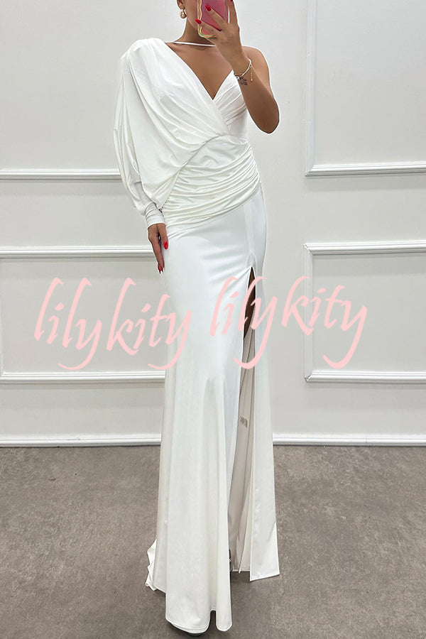 Like Venus One Shoulder Bat Sleeve Ruched Detail Slit Gown Maxi Dress