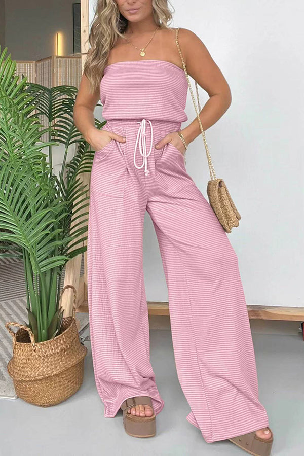 Casually Chic Off Shoulder Drawstring Waist Pocketed Wide Leg Jumpsuit