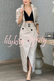 Work Style Lapel Long Sleeve Jacket and Button Belt Pocketed Slit Midi Skirt Set