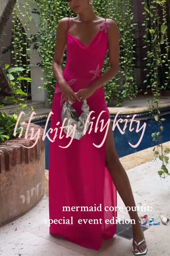 Mermaid Chiffon Starfish Sequin Asymmetric Neck Slit Maxi Dress