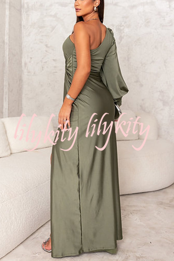 Country Party Charm Satin One Shoulder Twist Detail Slit Maxi Dress