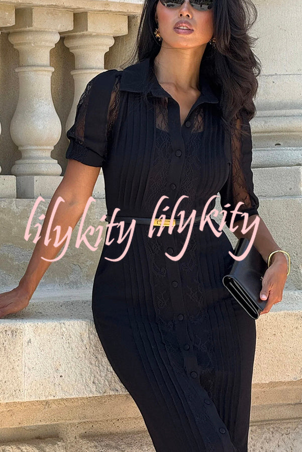 Lysette Lace Trim Pleated Button Up Short Sleeve Shirt Midi Dress