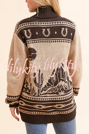 Retro Western Knit Unique Pattern Horn Buttons Pocket Lapel Loose Cardigan