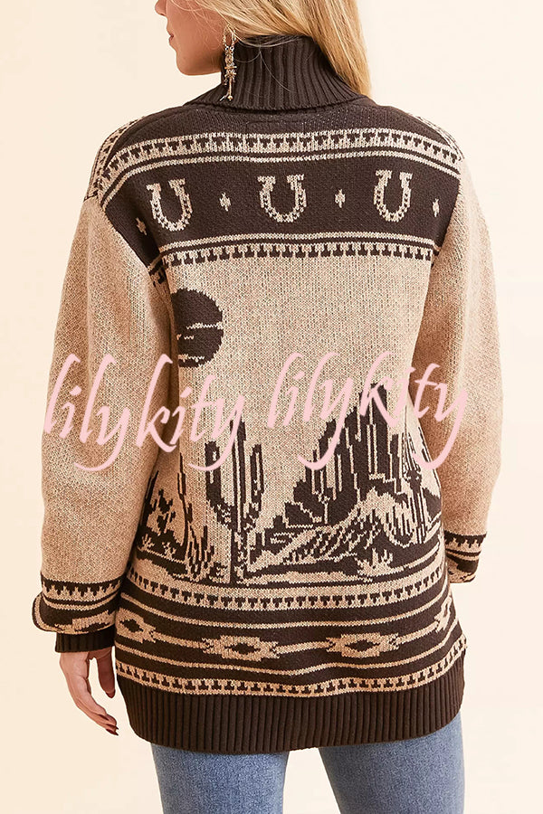 Retro Western Knit Unique Pattern Horn Buttons Pocket Lapel Loose Cardigan