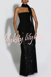 Oakley Corset Strapless Top and Sequin High Rise Maxi Skirt Scarf Set