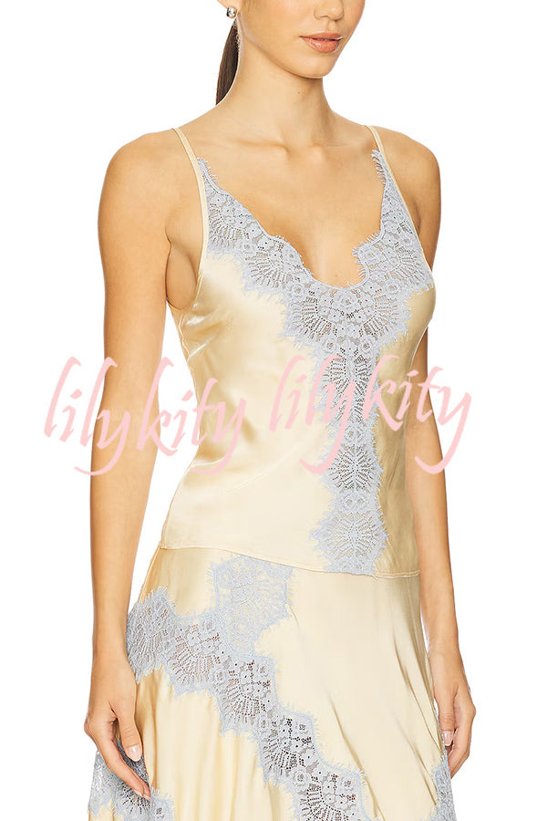 Wine Tasting Contrast Color Satin Lace Trim V-Neck Slip Tank