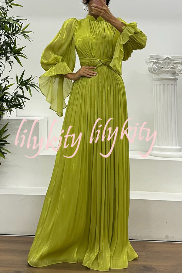Ellah Shiny Fabric Chinese Stand Collar Twist Waist Balloon Sleeve Maxi Dress