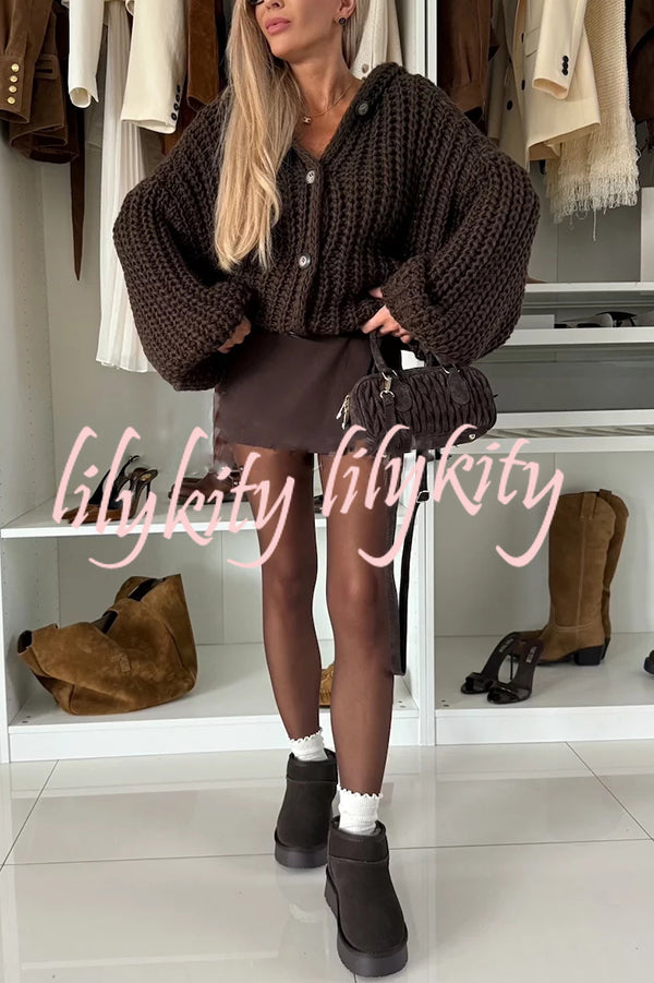 Warm Day Knit Button Up Long Balloon Sleeve Hooded Loose Cardigan