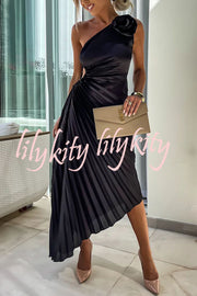 Romantic Nights Satin Raised Flower Elastic Cutout One Shoulder Pleated Maxi Dress