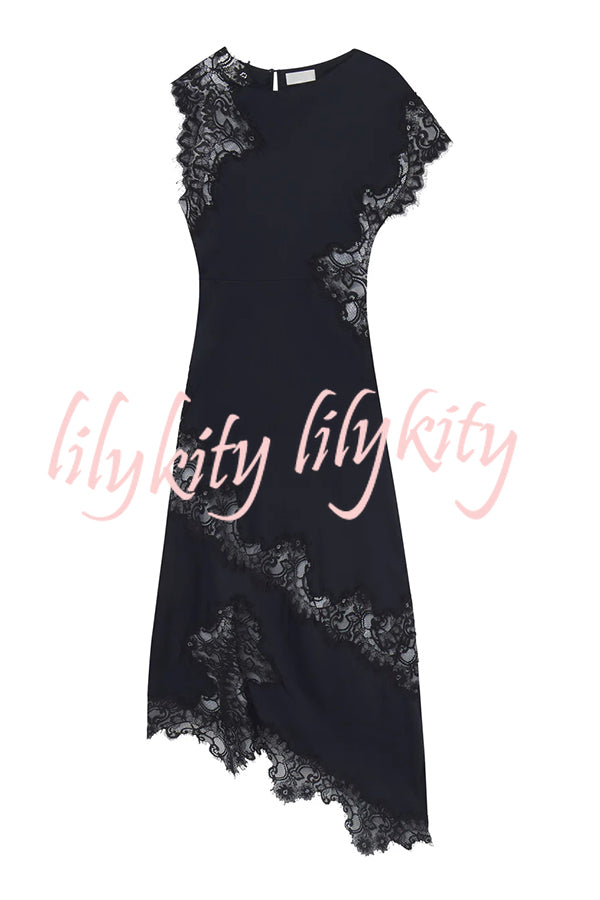 Paris Dream Satin Lace Trim Irregular Design Drape Maxi Dress
