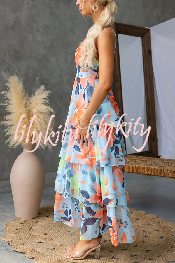 Dreamy Destiny Floral Print Elastic Back Tiered Maxi Dress