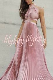 Stunning Choice Satin Pleated Halter High Neck Cutout Waist Backless Maxi Dress