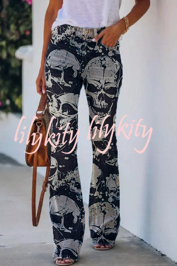 On A Drive Printed Faux Denim High Rise Flare Pants