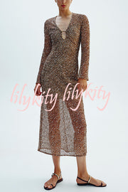 Fashion Sequined Hollow V-neck Long-sleeved Holiday Midi Dress