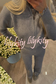 Cozycore Knit Zipper Long Sleeve Cardigan and Stretch Wide Leg Pants Set