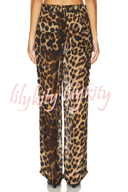 Minka Chiffon Leopard Elastic Waist Pocketed Loose Cargo Pants