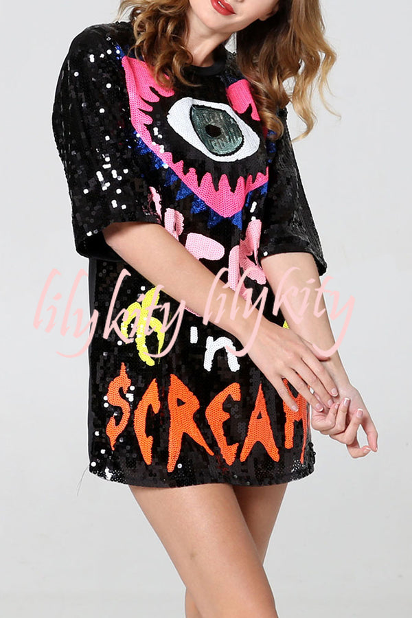 Love Eyes Letters Sequined Round Neck Short Sleeve Mid-Length Loose T-Shirt