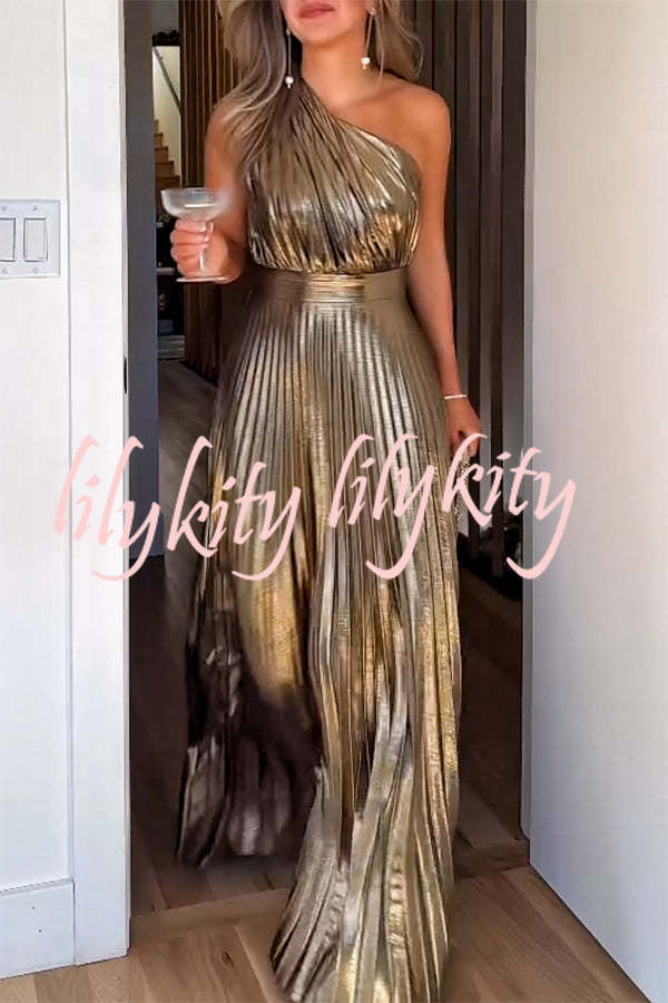 Be My Guest Metallic Fabric Pleated One Shoulder Maxi Dress