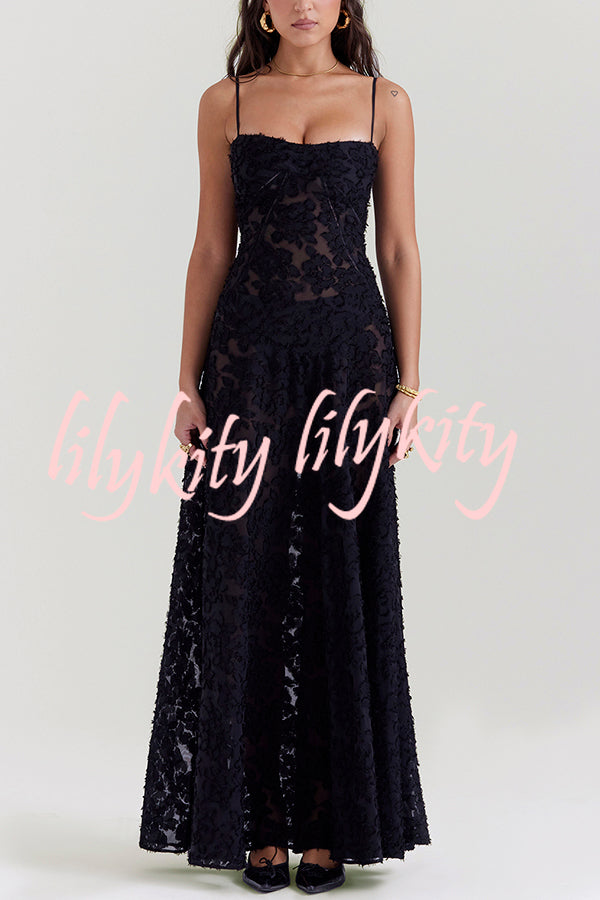 Romantic Vintage Feel Jacquard Fabric Back Lace-up Slip Floaty Maxi Dress