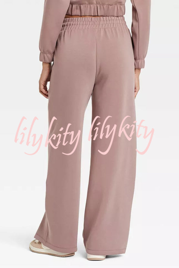 Airy Sleek Full Zip Jacket and High Rise Elastic Waist Pocket Wide Leg Sweatpants Set