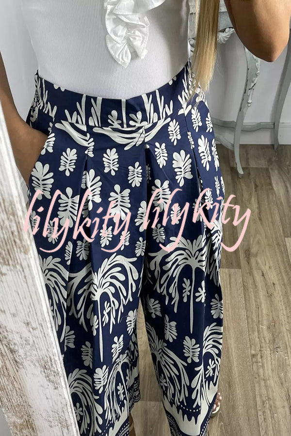 Unique Print Elastic Waist Loose Pocket Holiday Wide Leg Pants