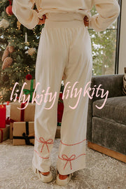 Candy Cane Cutie Loose Bow Tie Long-Sleeved Sweatshirt and Elastic Waist Pocket Pants Set