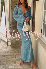 V Neck Button Down Knitted Cutout Long Sleeved Cover Up