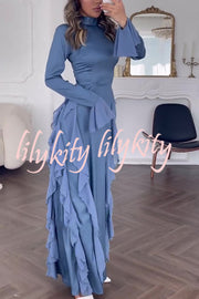 Cline Solid Color High Neck Long Sleeve Elegant Ruffles Maxi Dress