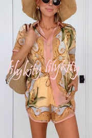 Royalty Unique Print Button Up Short Sleeve Shirt and Elastic Waist Pocketed Loose Shorts Set