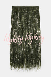 Party Crasher Layered Sequined Tassels High Rise Back Zipper Midi Skirt