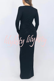 Solid Color Shiny Sexy V-neck Long Sleeve Ribbon Slit Slim Fit Maxi Dress