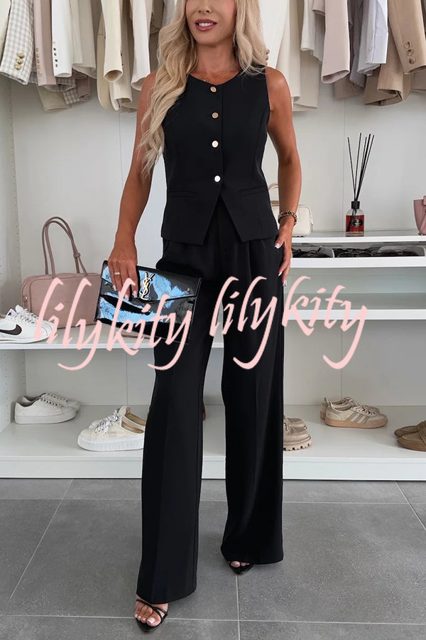 Workplace Chic Sleeveless Button Vest and Relaxed Pocket Wide Leg Pants Set