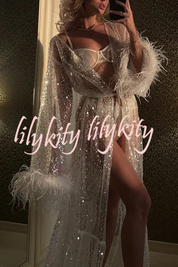 Fashionable Sequined Feather Long-sleeved Vacation Loose Extra-long Sun Protection Cover-up