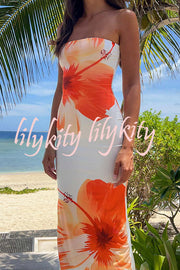 Emmaline Abstract Floral Print Bandeau Stretch Maxi Dress