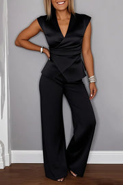Solid Color V-neck Metal Buttoned Pleated Top and Casual Straight Pants Set