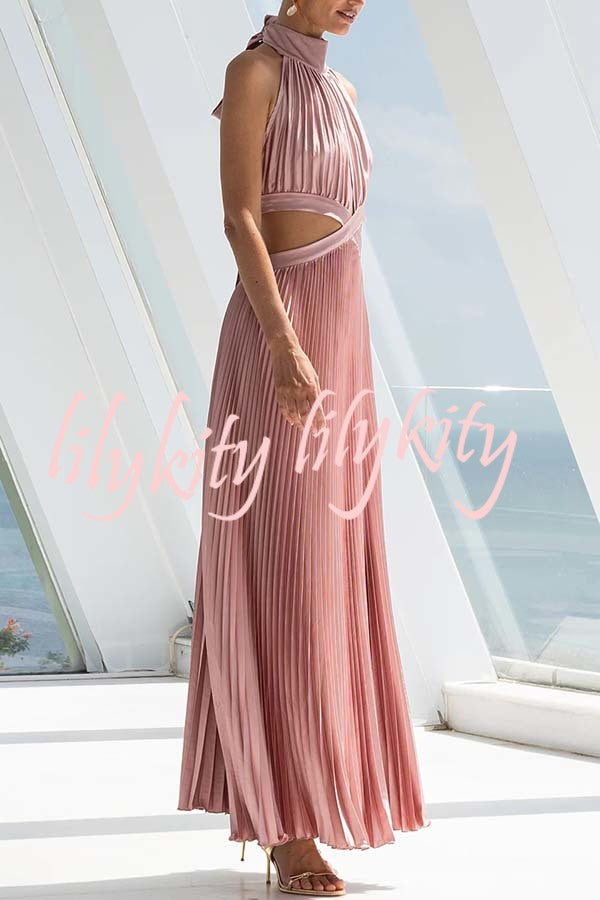 Stunning Choice Satin Pleated Halter High Neck Cutout Waist Backless Maxi Dress