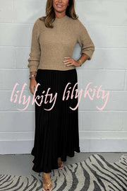 Stylish Knitted Round Neck Long Sleeve Patchwork Pleated Hem Maxi Dress